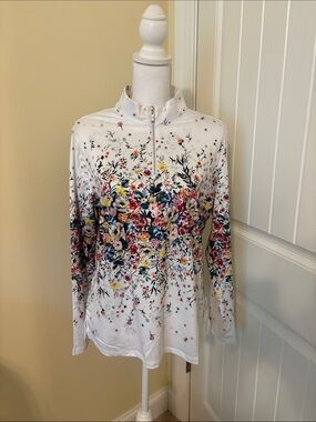 Acegolfs. XL. NWOT. White Floral Quarter-Zip Pullover Top